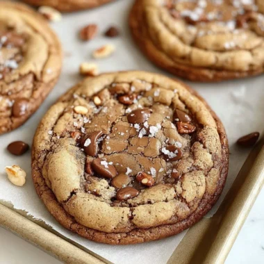 Homemade brown butter coffee toffee cookies on a rustic wooden table