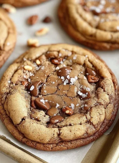 Homemade brown butter coffee toffee cookies on a rustic wooden table
