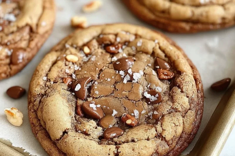 Homemade brown butter coffee toffee cookies on a rustic wooden table