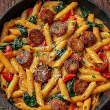 A bowl of delicious Cajun Sausage Pasta topped with fresh herbs.