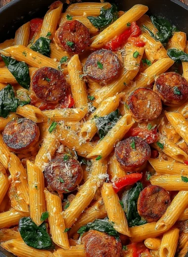 A bowl of delicious Cajun Sausage Pasta topped with fresh herbs.