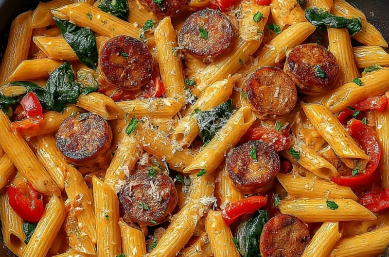 A bowl of delicious Cajun Sausage Pasta topped with fresh herbs.