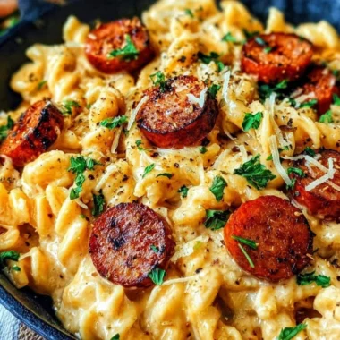 Cajun Smoked Sausage Alfredo Pasta served with garnishes