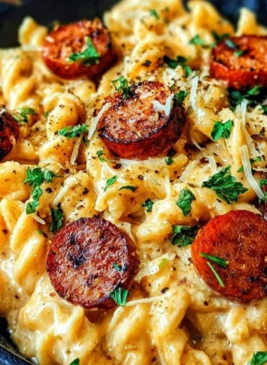 Cajun Smoked Sausage Alfredo Pasta served with garnishes