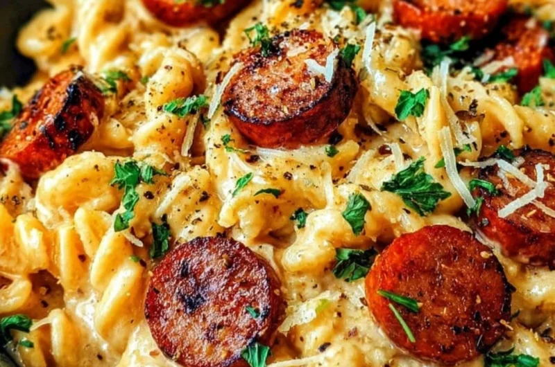 Cajun Smoked Sausage Alfredo Pasta served with garnishes