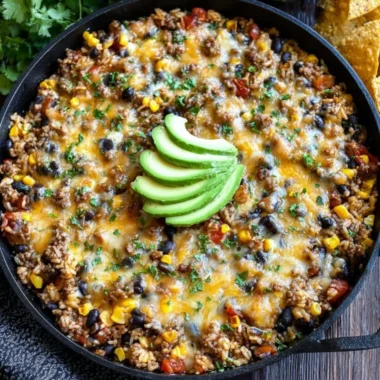 Cheesy taco rice skillet with melted cheese and toppings in a pan