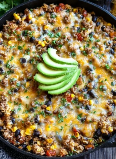 Cheesy taco rice skillet with melted cheese and toppings in a pan