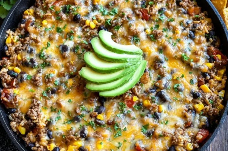 Cheesy taco rice skillet with melted cheese and toppings in a pan