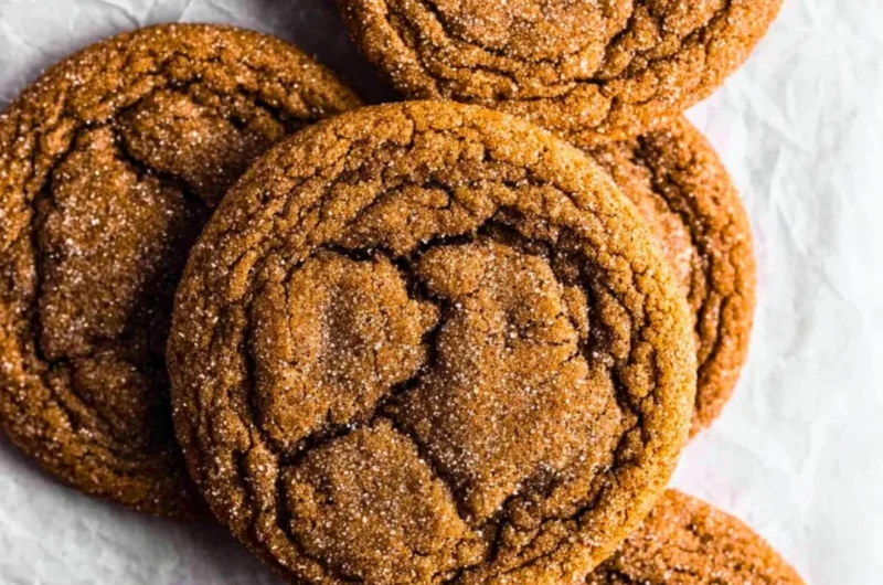 Chewy pumpkin spice molasses cookies on a rustic wooden table