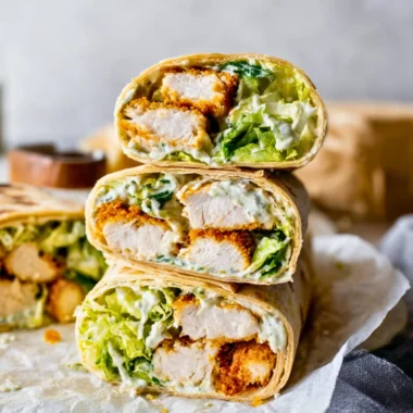 Delicious Chicken Caesar Wrap filled with chicken, lettuce, and Caesar dressing.