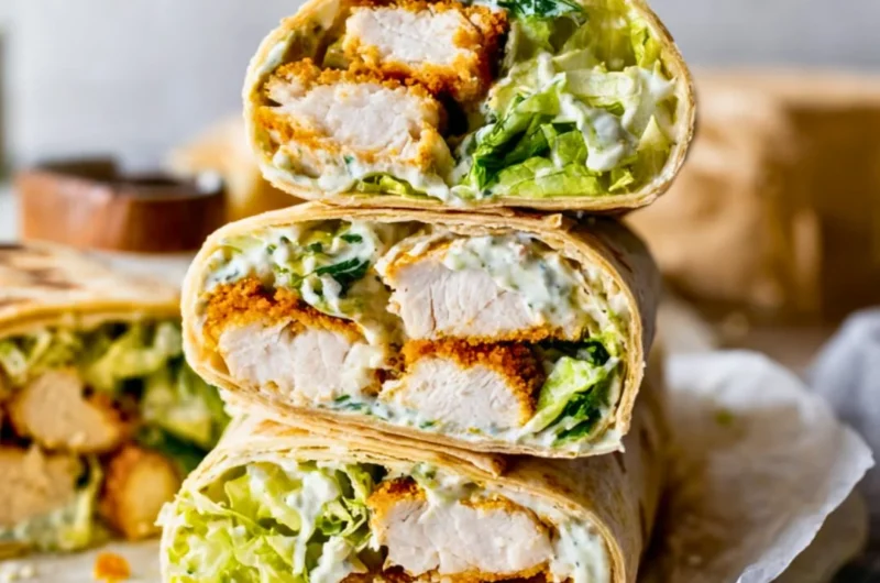Delicious Chicken Caesar Wrap filled with chicken, lettuce, and Caesar dressing.