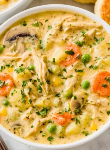 Creamy Chicken Pot Pie Soup in a bowl, garnished with herbs and vegetables.