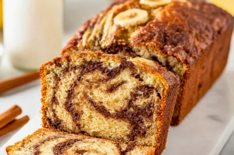 Sliced cinnamon swirl banana bread on a wooden cutting board