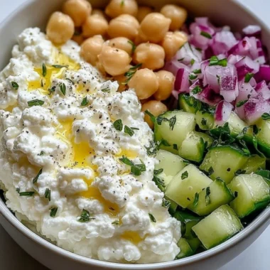 Bowl of cottage cheese and chickpea salad with fresh vegetables