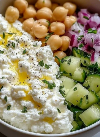 Bowl of cottage cheese and chickpea salad with fresh vegetables