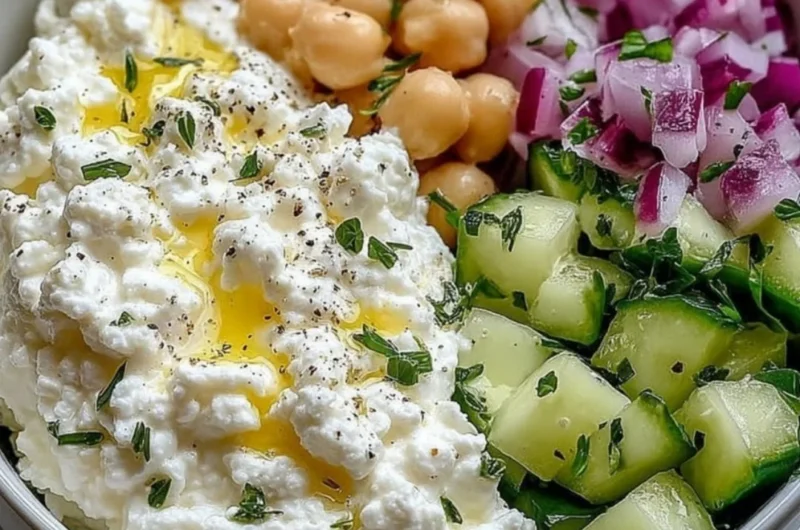 Bowl of cottage cheese and chickpea salad with fresh vegetables