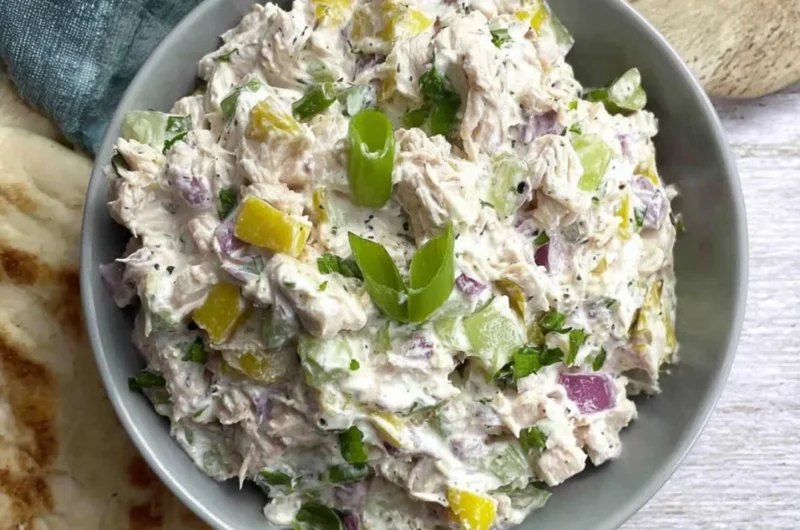 Cottage Cheese Chicken Salad with Banana Peppers in a bowl