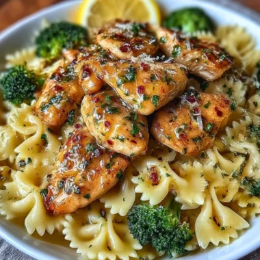 Cowboy Butter Lemon Bowtie Chicken served with broccoli for a delicious meal