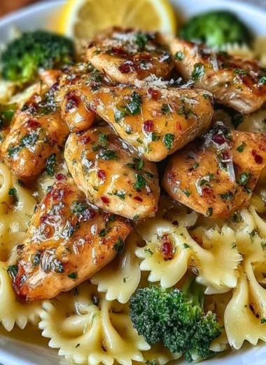 Cowboy Butter Lemon Bowtie Chicken served with broccoli for a delicious meal