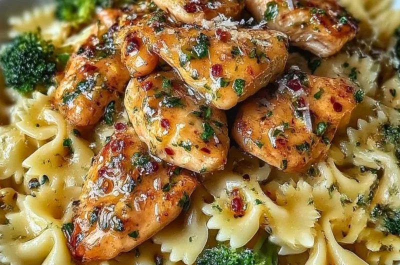 Cowboy Butter Lemon Bowtie Chicken served with broccoli for a delicious meal