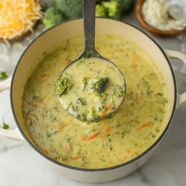 Creamy broccoli cheddar soup served in a white bowl with fresh herbs