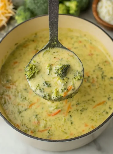 Creamy broccoli cheddar soup served in a white bowl with fresh herbs