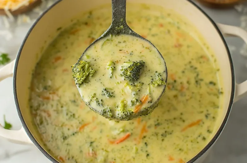 Creamy broccoli cheddar soup served in a white bowl with fresh herbs