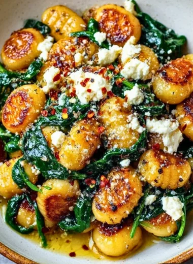 Creamy gnocchi dish with fresh spinach and feta cheese