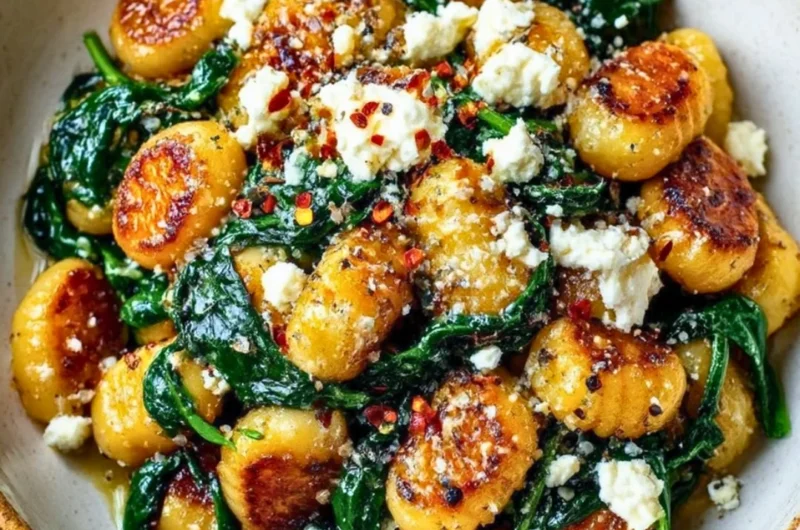 Creamy gnocchi dish with fresh spinach and feta cheese