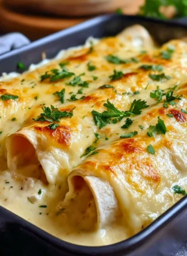 Plate of creamy white chicken enchiladas topped with cheese and cilantro