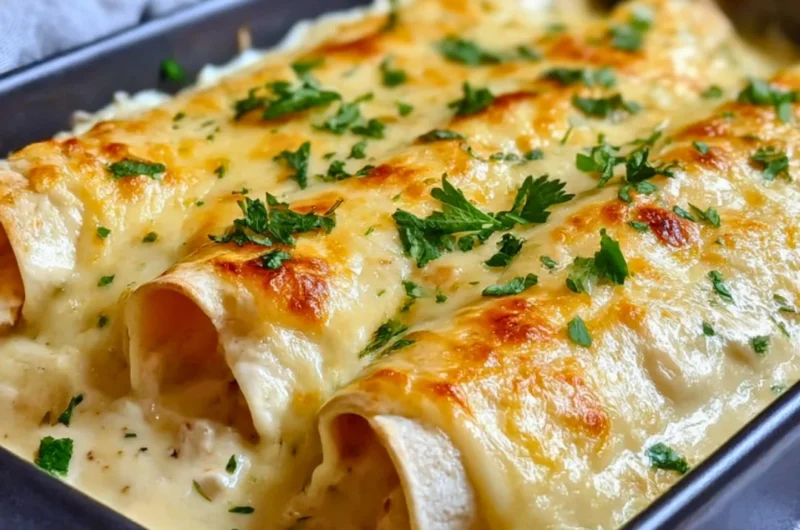 Plate of creamy white chicken enchiladas topped with cheese and cilantro