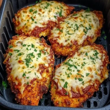 Crispy air fryer chicken parmesan garnished with herbs and served on a plate