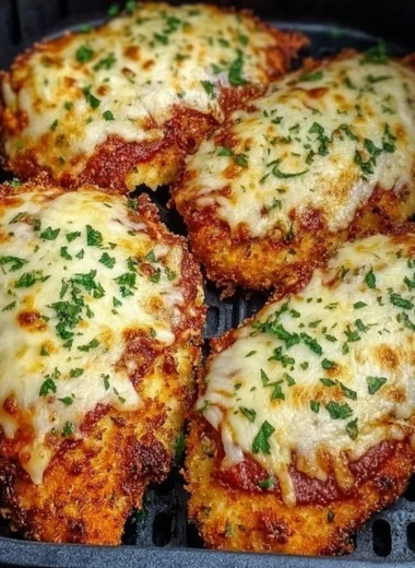 Crispy air fryer chicken parmesan garnished with herbs and served on a plate