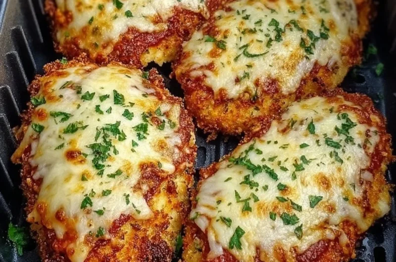 Crispy air fryer chicken parmesan garnished with herbs and served on a plate