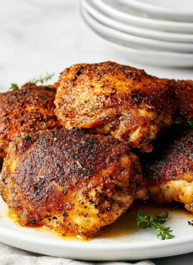 Crispy baked chicken thighs with golden skin and herbs on a plate