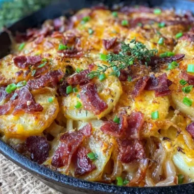 Crispy Irish bacon potato skillet served hot with herbs and spices.