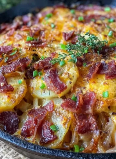 Crispy Irish bacon potato skillet served hot with herbs and spices.