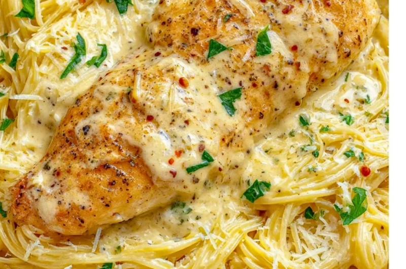 Delicious Crock Pot Angel Chicken served on a plate with garnishes