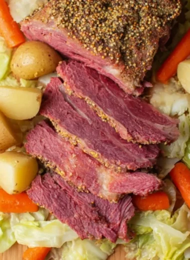 Crock Pot corned beef and cabbage ready to serve for a delicious meal.