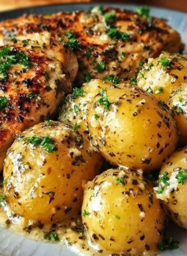 Crock Pot Parmesan Garlic Chicken served with roasted potatoes