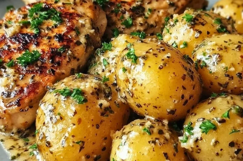 Crock Pot Parmesan Garlic Chicken served with roasted potatoes