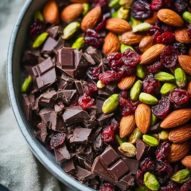 Bowl of dark chocolate-cherry trail mix, a tasty anti-inflammatory snack option.