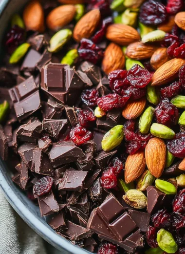 Bowl of dark chocolate-cherry trail mix, a tasty anti-inflammatory snack option.