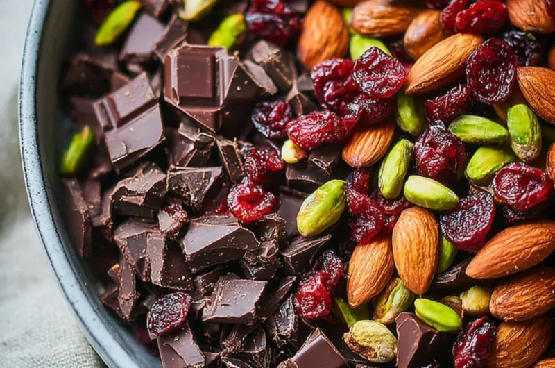 Bowl of dark chocolate-cherry trail mix, a tasty anti-inflammatory snack option.