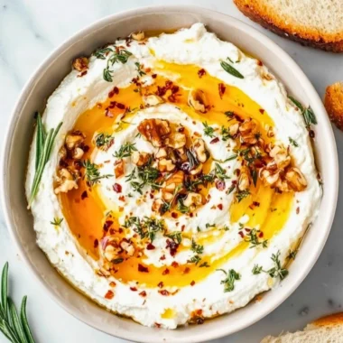 Delicious ricotta dip drizzled with hot honey served in a bowl