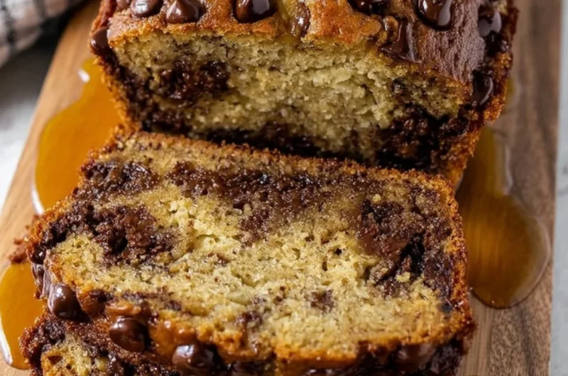 Slice of easy chocolate chip banana bread with chocolate chips and bananas