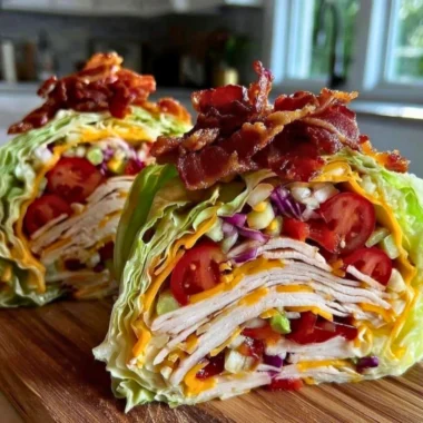 Fresh keto turkey club lettuce wraps filled with turkey, bacon, and veggies.