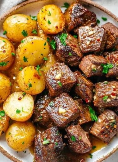 Garlic steak bites served with golden roasted potatoes on a plate