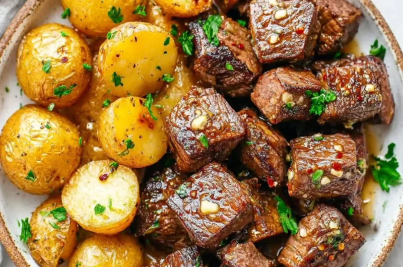 Garlic steak bites served with golden roasted potatoes on a plate