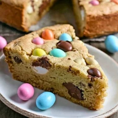Giant Candy Cookie Pie topped with colorful candies and chocolate chips